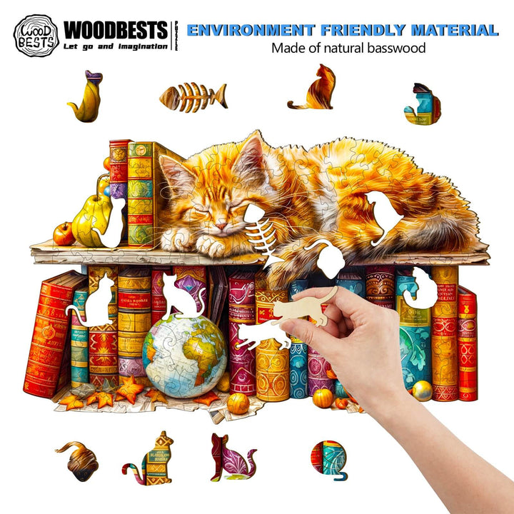Dreamy Tabby Cat wooden jigsaw puzzle featuring a relaxed tabby on colorful books, crafted from eco-friendly basswood.