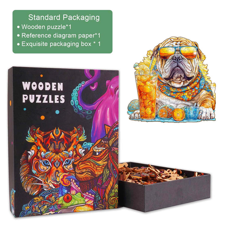 Colorful Summer Bulldog-1 wooden jigsaw puzzle with packaging featuring a playful bulldog design and puzzle pieces.