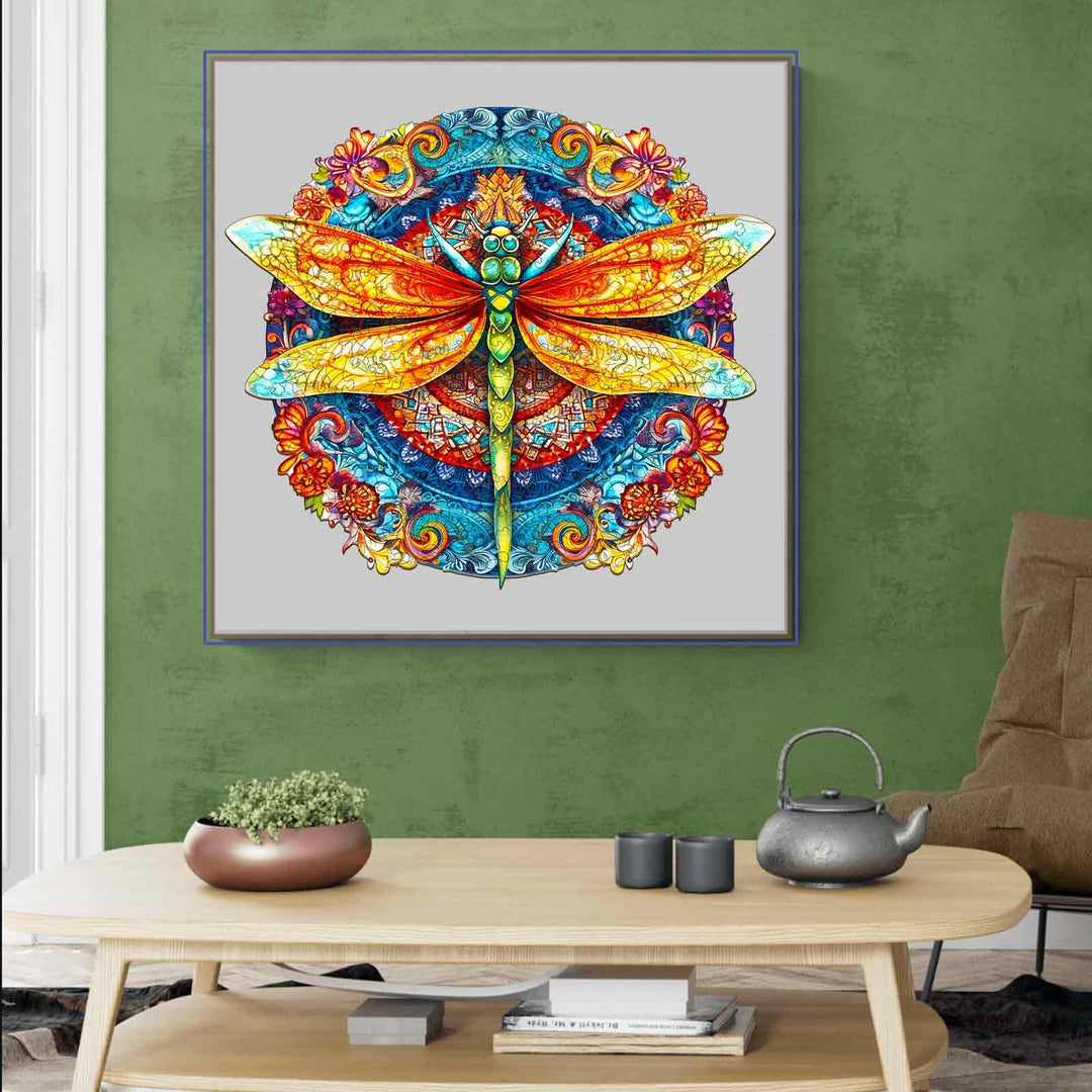 Mandala Dragonfly 1 jigsaw puzzle design displayed on a wall, featuring vibrant colors and intricate patterns.