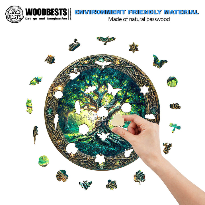 Person assembling the Eternal Tree wooden jigsaw puzzle made from natural basswood, promoting focus and smart gameplay.