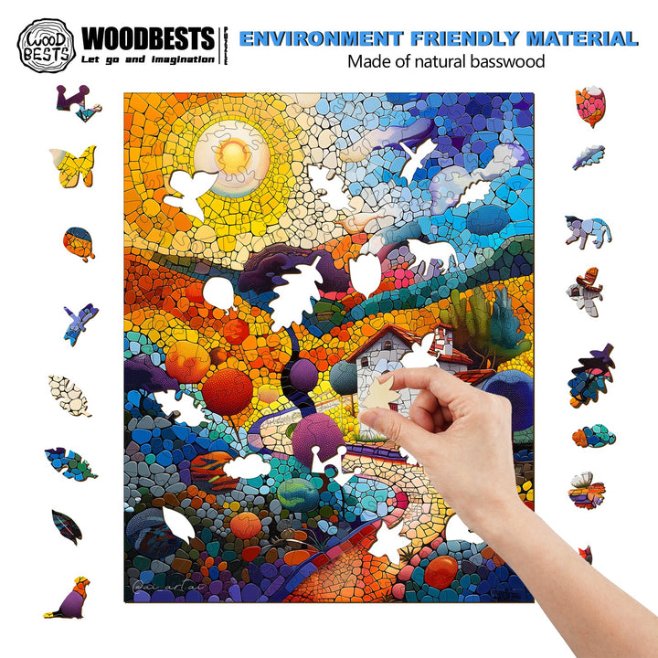 Colorful wooden puzzle featuring nature scene and animals, made from eco-friendly basswood, perfect for creative minds.