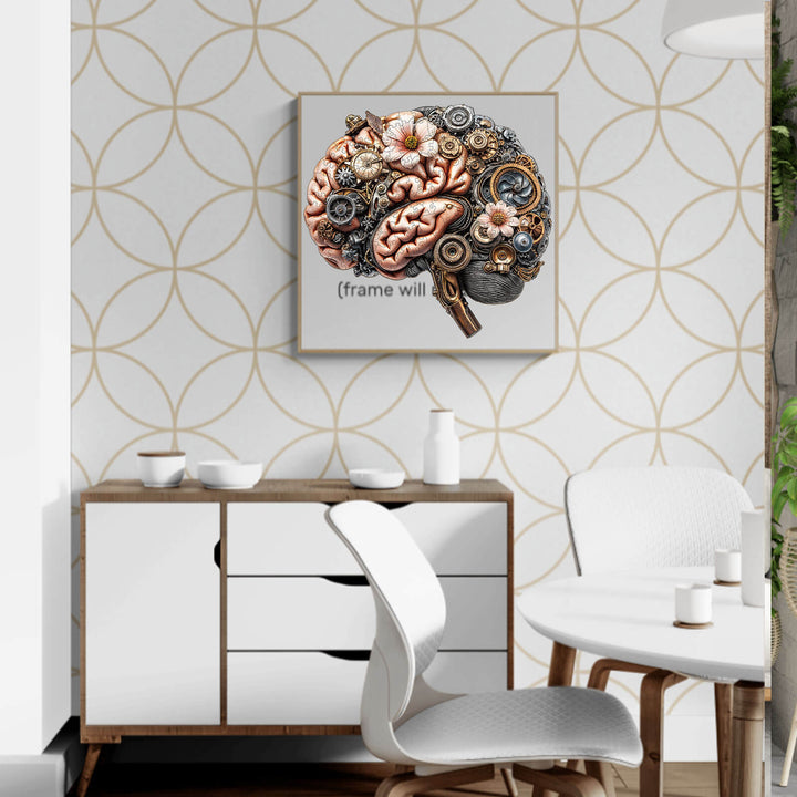 3D Mechanical Brainstem puzzle artwork on wall, showcasing a detailed brain design with gears and intricate features.