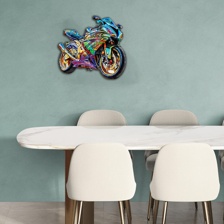 Colorful motorcycle wooden jigsaw puzzle displayed on a minimalist dining room wall, enhancing decor and focus.