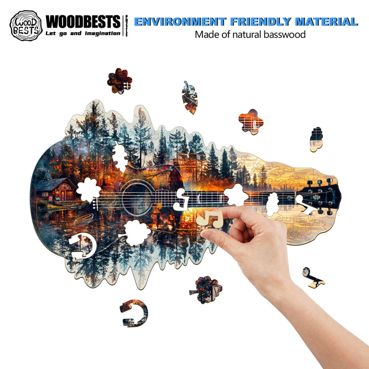 Sunset guitar wooden jigsaw puzzle with natural basswood pieces, promoting focus and skill enhancement.