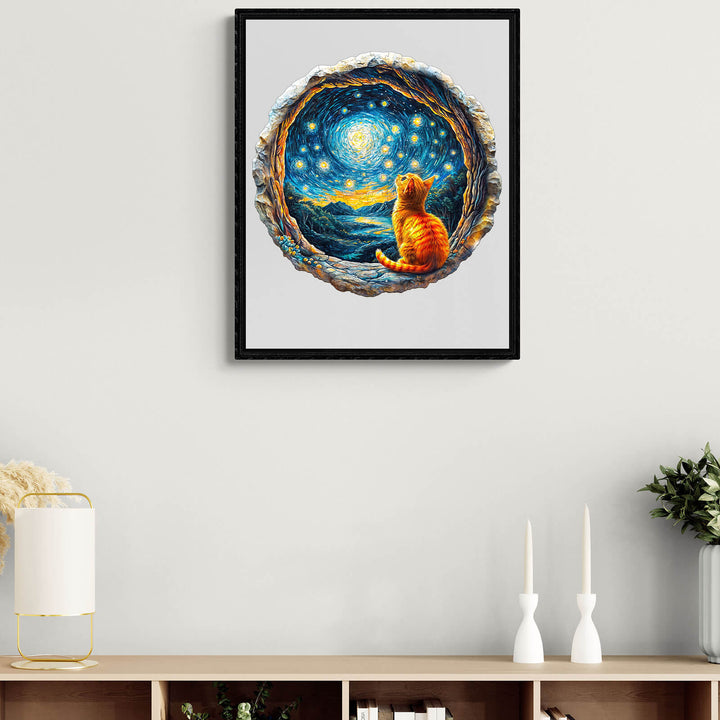 Framed artwork featuring a cat gazing at a starry sky through a circular window, enhancing home decor.