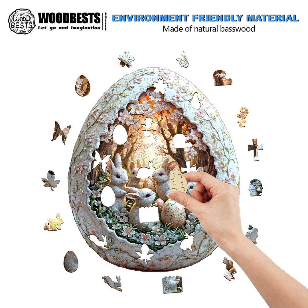 3D Eggshell world Easter-2 wooden jigsaw puzzle, eco-friendly, featuring whimsical bunnies in a colorful scene.