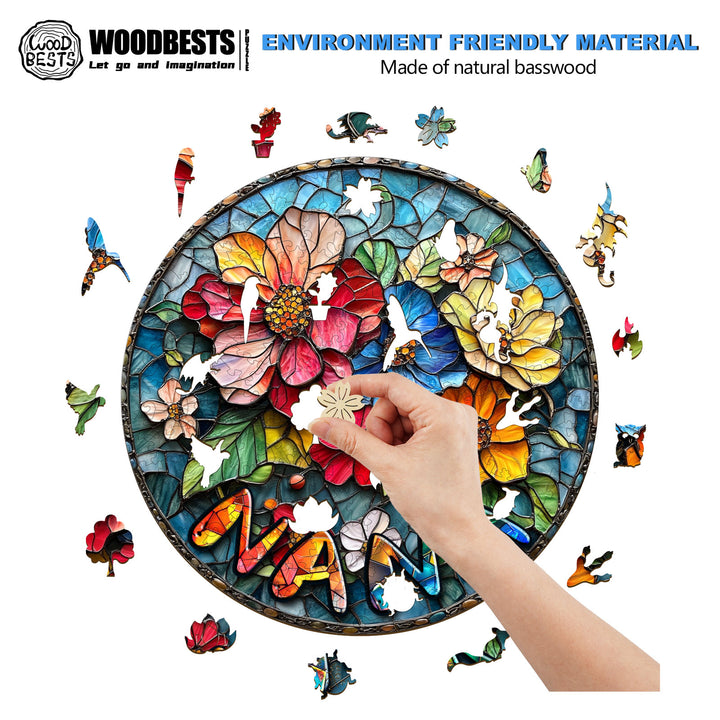 Hand assembling a colored wooden jigsaw puzzle with flower design and personalized name, made from eco-friendly natural wood.