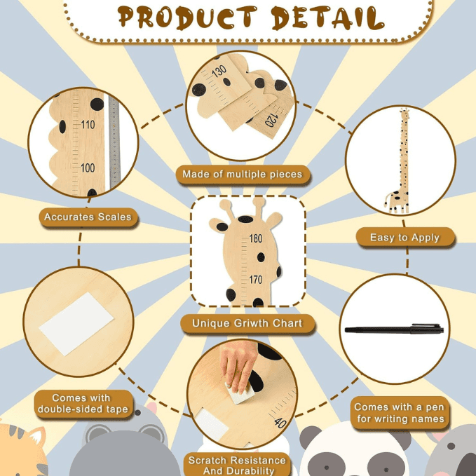 Wooden giraffe growth chart with product details, scales, easy application, and included pen for personalization.