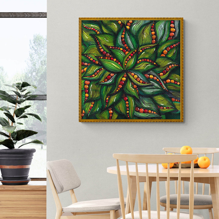 Vibrant green abstract art by Erin Desjardine, showcasing intricate leaf patterns, perfect for modern decor.