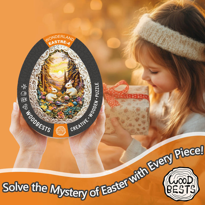 Wonderland Easter-4 wooden jigsaw puzzle featuring bunnies in a colorful scene; perfect for enhancing focus and cognitive skills.