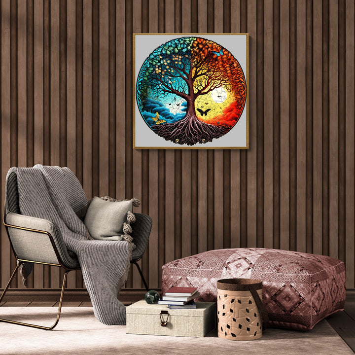 Yin Yang Tree of Life wooden jigsaw puzzle displayed in a cozy living room setting with stylish decor.