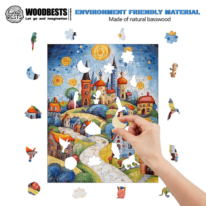 Person assembling a colorful puzzle made of natural basswood with an engaging village scene and playful characters.