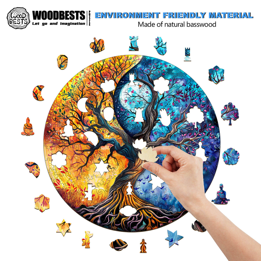 Person solving the Yin Yang Tree of Life-9 wooden jigsaw puzzle, made from eco-friendly natural basswood.