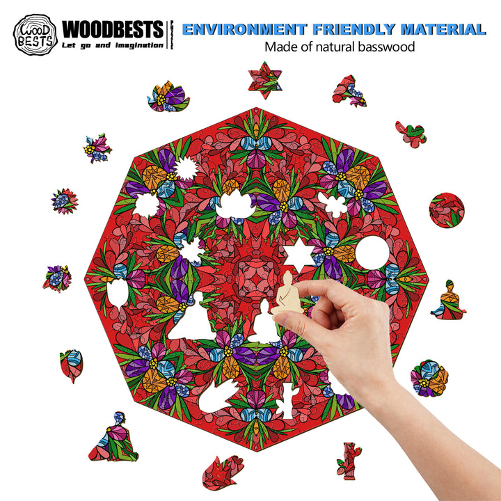 Colorful wooden puzzle with floral design, showcasing eco-friendly basswood material and a hand placing a piece.