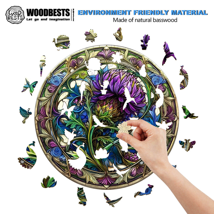 Person assembling a Scotch Thistle wooden jigsaw puzzle made from natural basswood, showcasing an eco-friendly design.