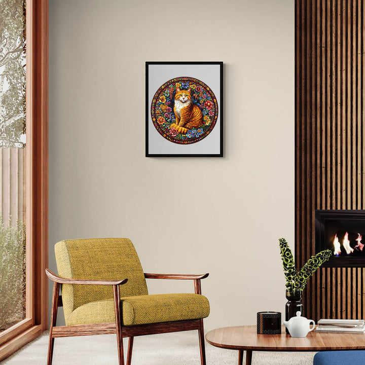 Colorful Floral Feline artwork displayed in a cozy living room with modern decor and a fireplace.