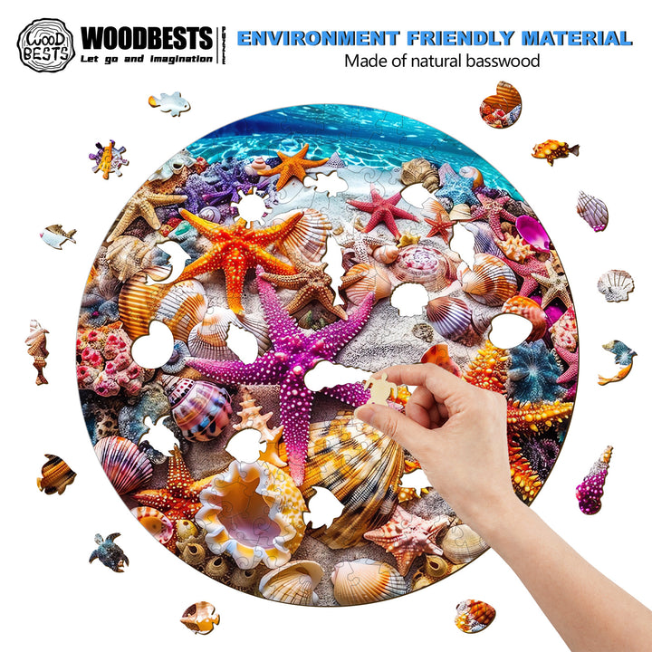 Close-up of a natural wood starfish jigsaw puzzle with colorful sea shells, promoting focus and smart play.