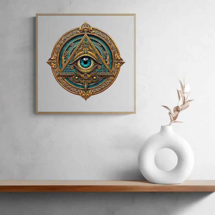 Mysterious Eye wooden jigsaw puzzle displayed on a shelf with modern decor, designed for mind games and enhanced focus.