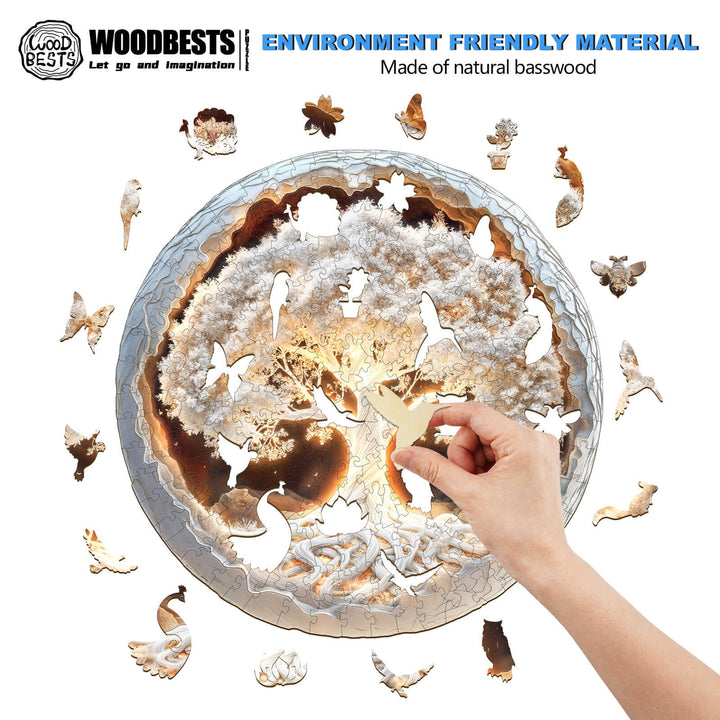 3D glowing tree of life wooden jigsaw puzzle with intricate branches, made of eco-friendly natural basswood.