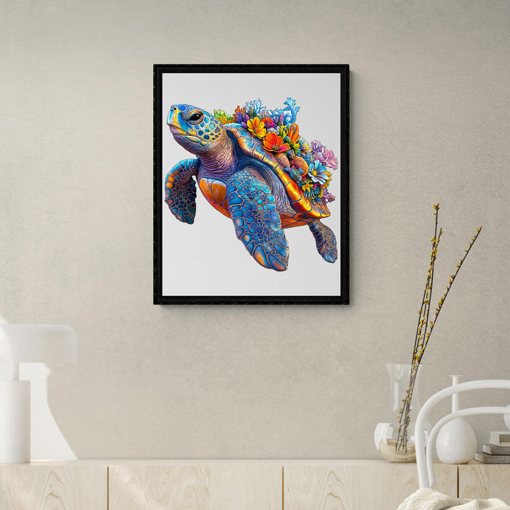 Colorful turtle artwork with flowers on its back, perfect for home decor and nature enthusiasts.