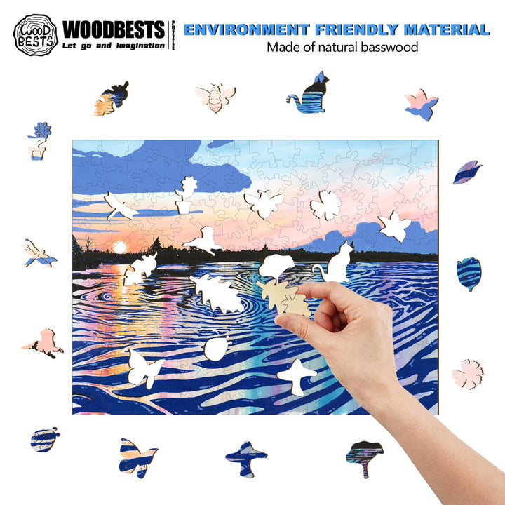 Person assembling a nature-themed puzzle made from eco-friendly basswood, featuring a colorful landscape design.