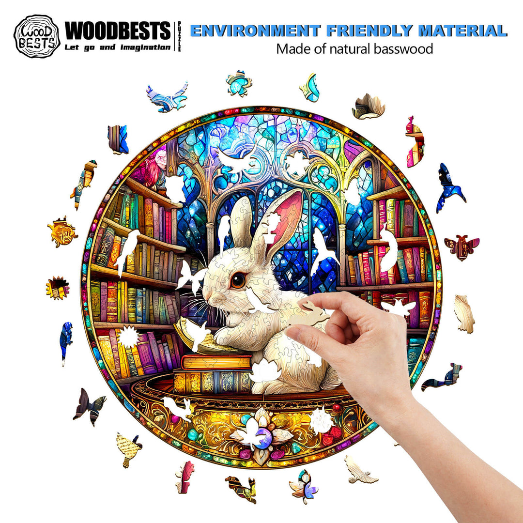 Wooden jigsaw puzzle featuring a library rabbit, made of natural basswood, promoting focus and cognitive skills.