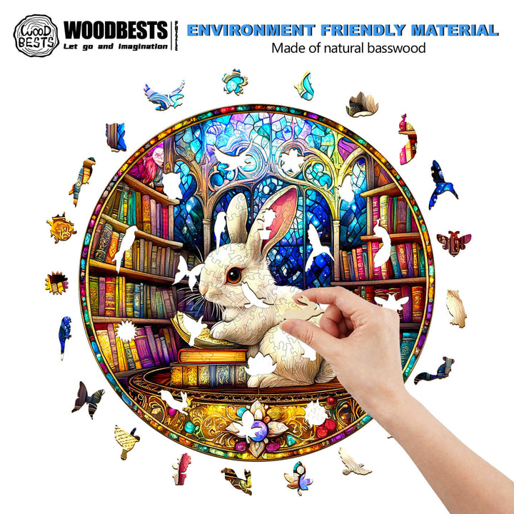 Wooden jigsaw puzzle featuring a library rabbit, made of natural basswood, promoting focus and cognitive skills.