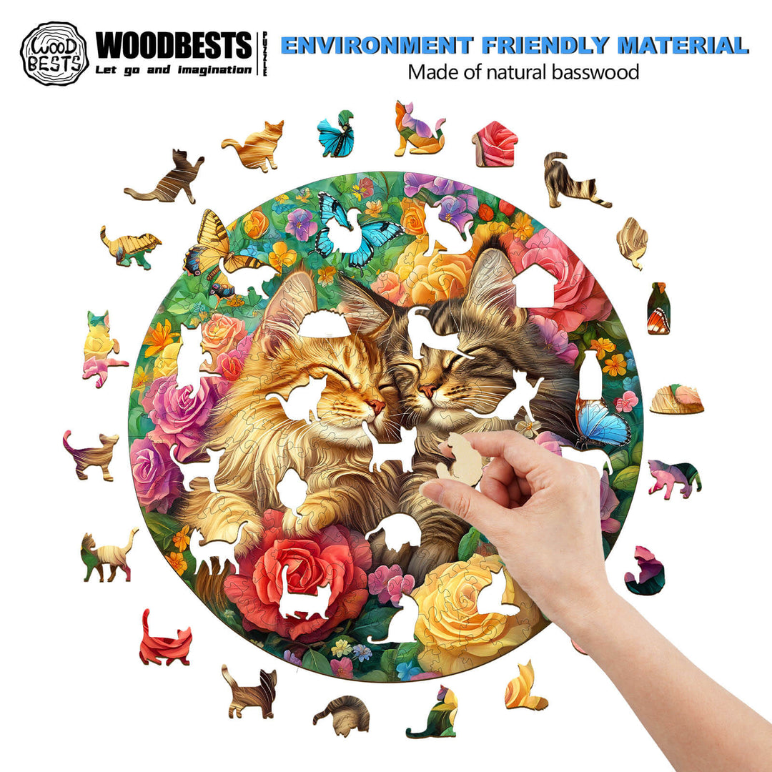 A wooden jigsaw puzzle titled 'Cats in Love-2', featuring colorful cat illustrations among flowers, highlighting eco-friendly materials.