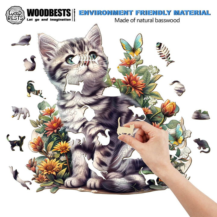 Person assembling an American Shorthair wooden jigsaw puzzle featuring a colorful cat and flowers, made from eco-friendly basswood.