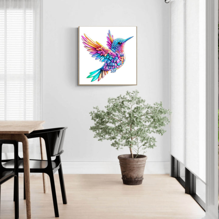 Colorful jewel hummingbird wall art in bright decor with indoor plant and modern furniture.