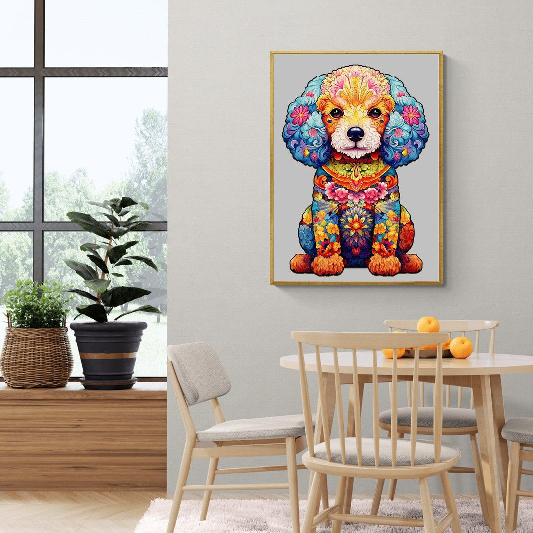 Colorful illustration of a cute poodle in a modern living room with a plant and a dining table.