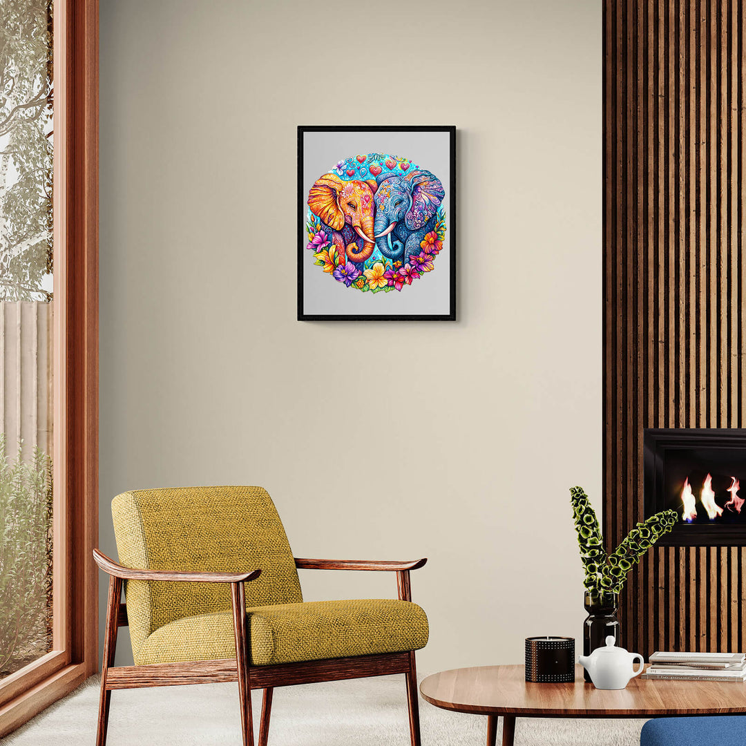 Colorful framed artwork of two elephants in a heart shape, enhancing modern living room decor.