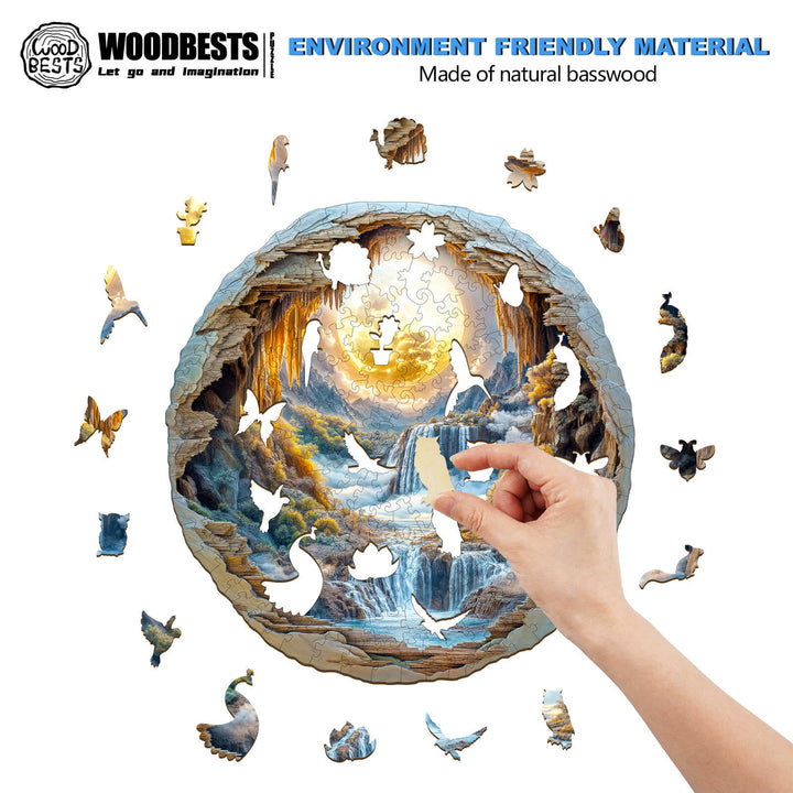 Person assembling a 3D Moonlit Wonders wooden jigsaw puzzle made from natural basswood in an eco-friendly design.