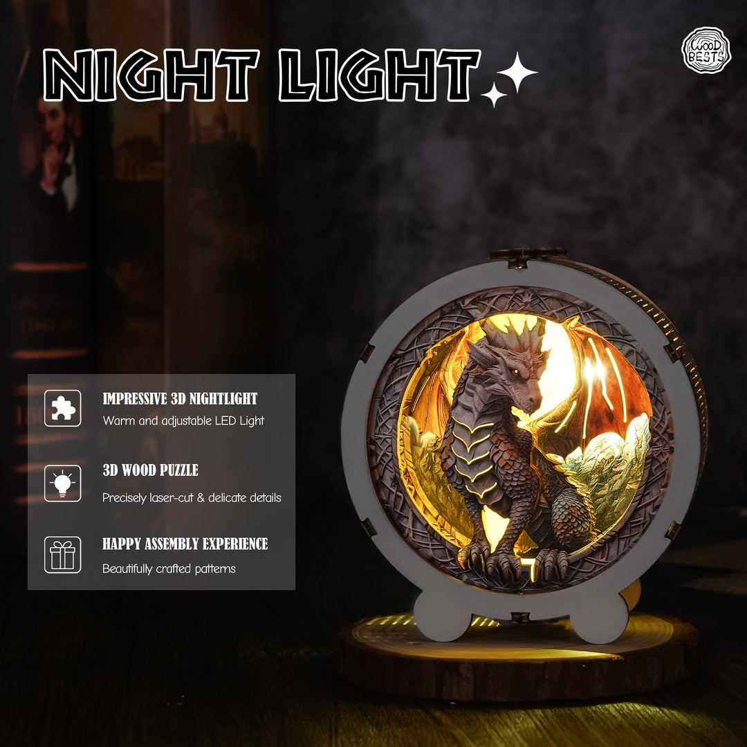 Ancient Dragon 3D wooden puzzle night light with adjustable LED, showcasing detailed laser-cut design and warm glow.