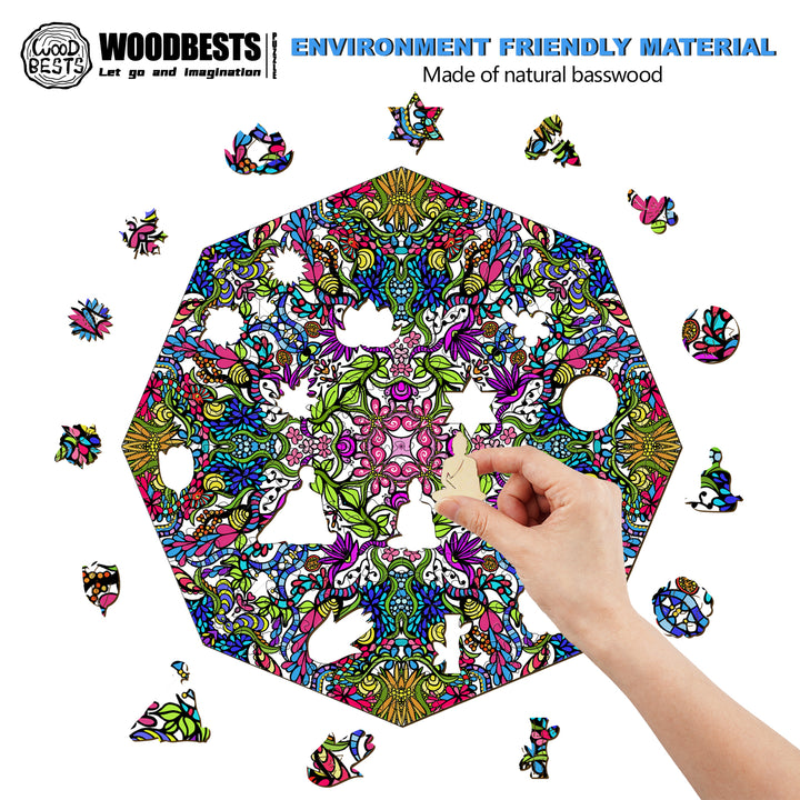 Colorful natural basswood puzzle in a hexagonal shape, featuring intricate doodle art patterns and a hand placing a piece.