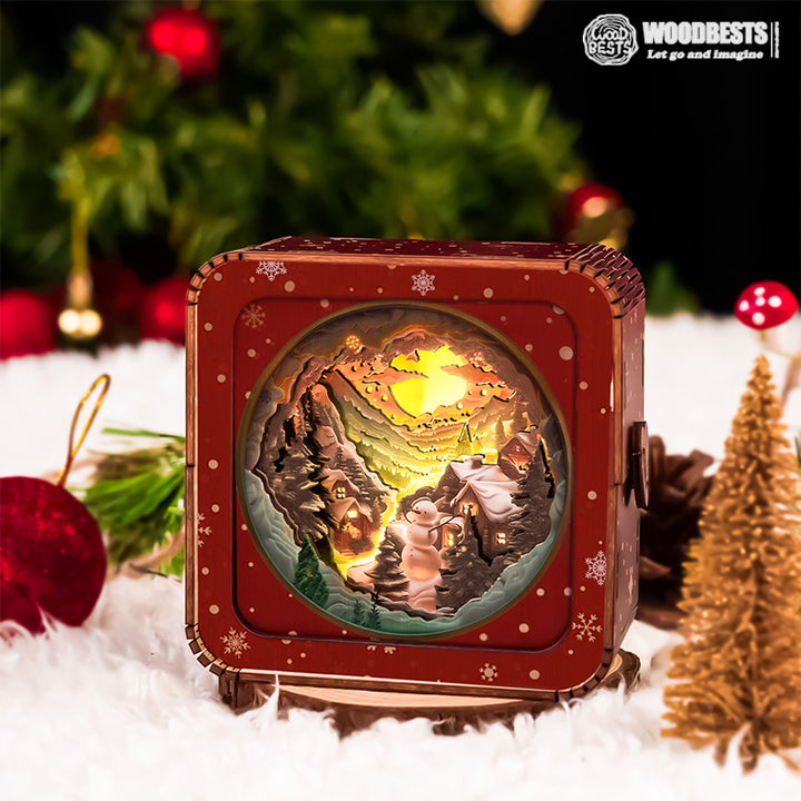 3D wooden puzzle night light featuring a snowy mountain scene with a quaint hut and warm lighting.