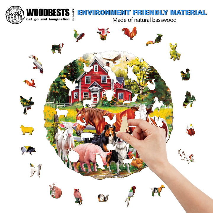 Hand assembling a wooden jigsaw puzzle of farm animals, featuring vibrant colors and a rustic barn.
