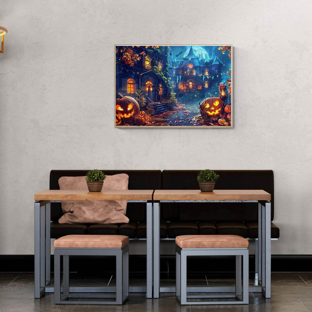 Halloween Castle jigsaw puzzle display in a cozy dining area, featuring glowing pumpkins and spooky atmosphere.