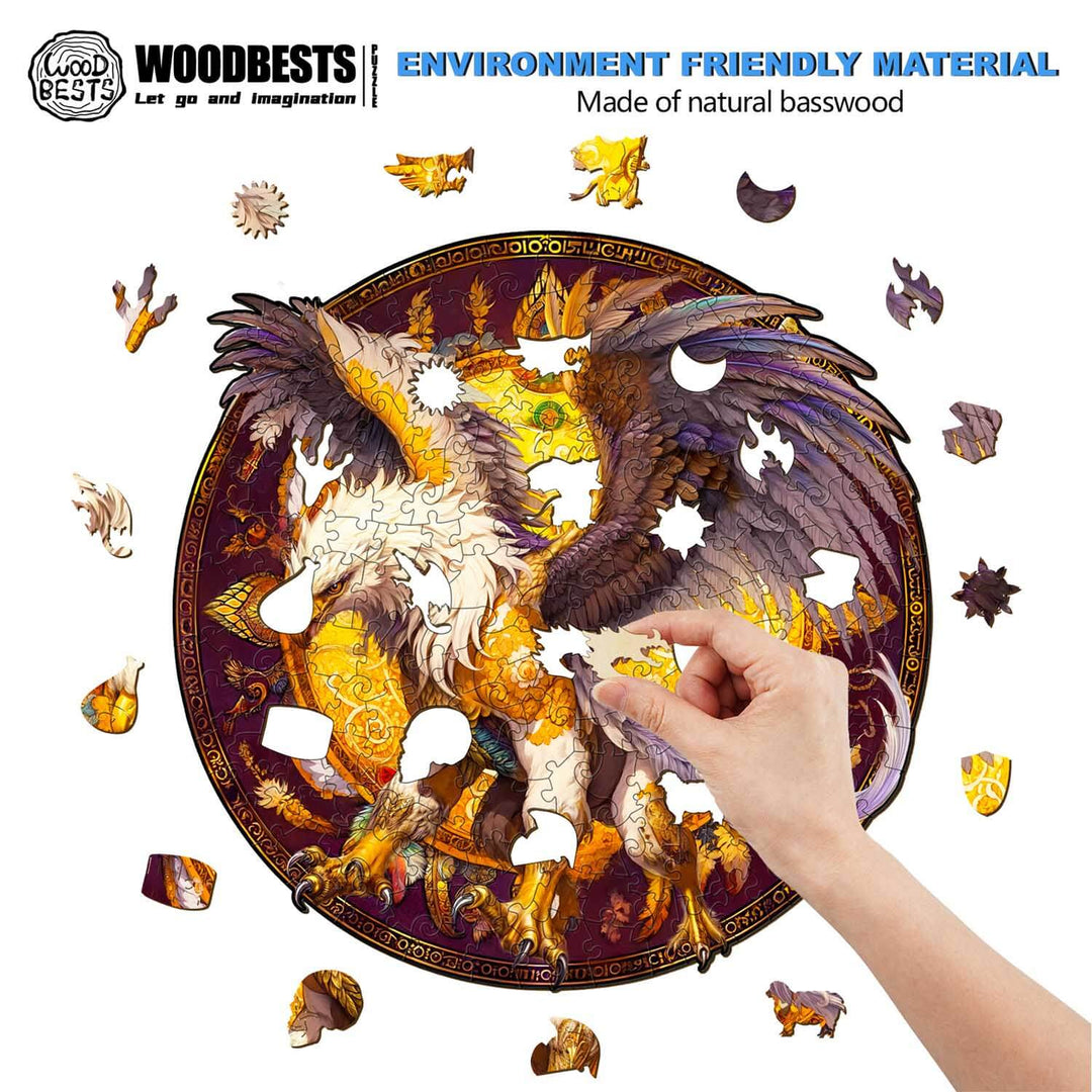 Person assembling a Griffin wooden jigsaw puzzle made from natural basswood, enhancing focus and mind skills.