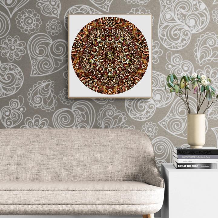 Colorful circular doodle art print by Lori Anne McKague displayed in a stylish living room setting.