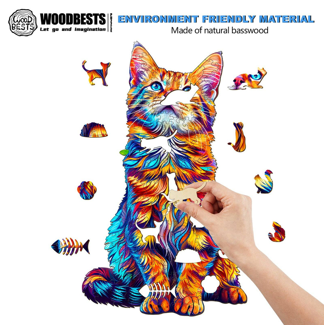 Colorful Bengal Cat-2 wooden jigsaw puzzle made from natural basswood, enhancing focus and intelligence during play.
