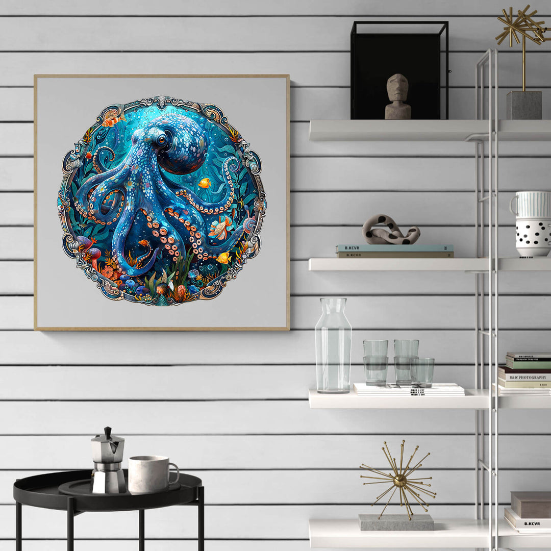 Colorful Mystic Tentacles wooden jigsaw puzzle displayed on a modern shelf, enhancing home decor.