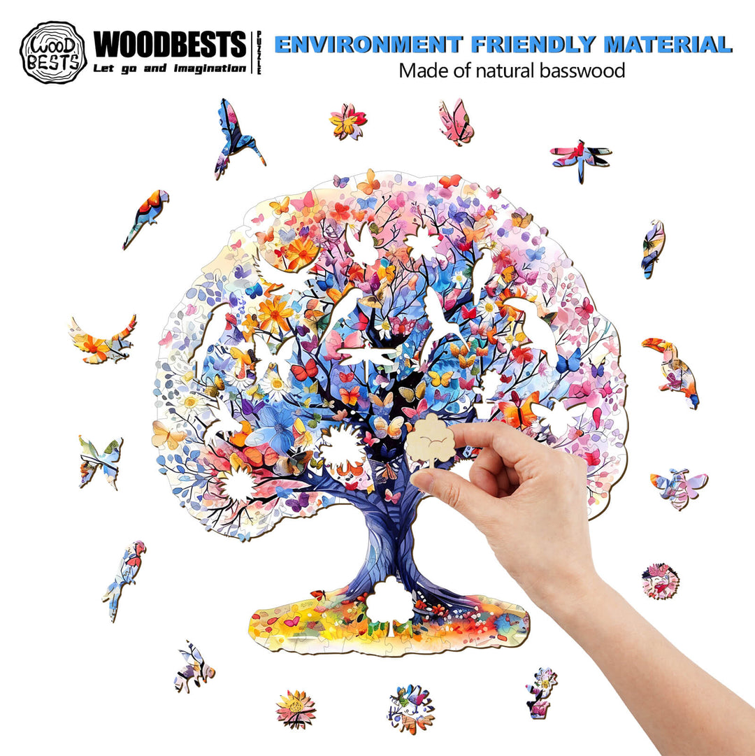 Life Tree Wooden Jigsaw Puzzle made of natural basswood, featuring colorful pieces for mental focus and fun.