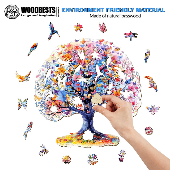 Life Tree Wooden Jigsaw Puzzle made of natural basswood, featuring colorful pieces for mental focus and fun.
