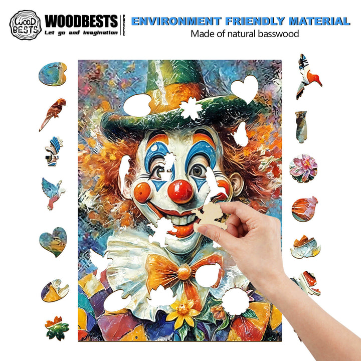Oil painting clown wooden jigsaw puzzle being assembled, made of natural basswood, focuses on brain engagement and fun.