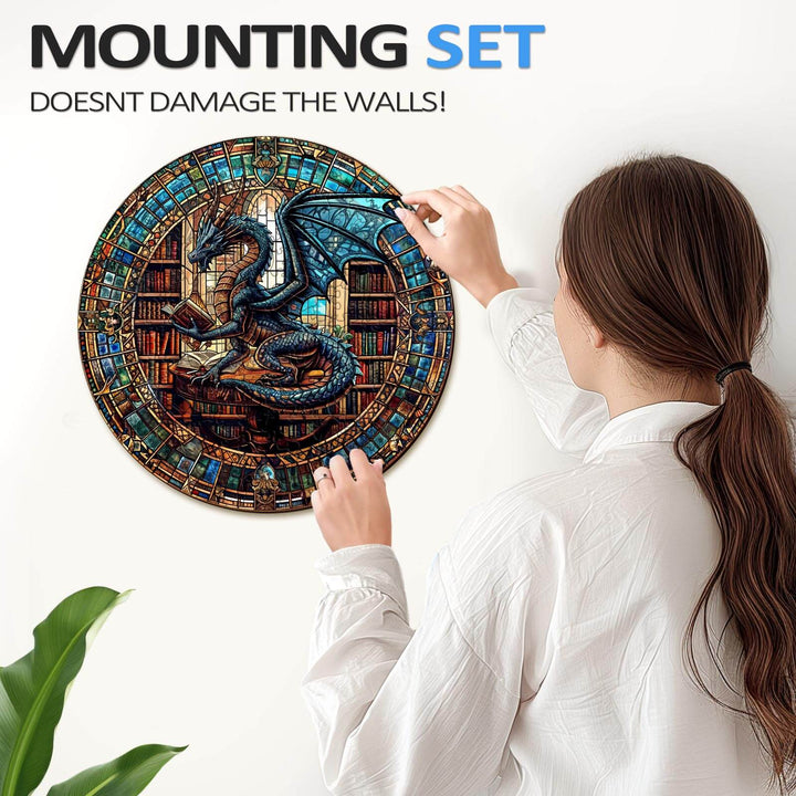 Mounting set for The Dragon's Library jigsaw puzzle, showcasing a dragon among books without damaging walls.