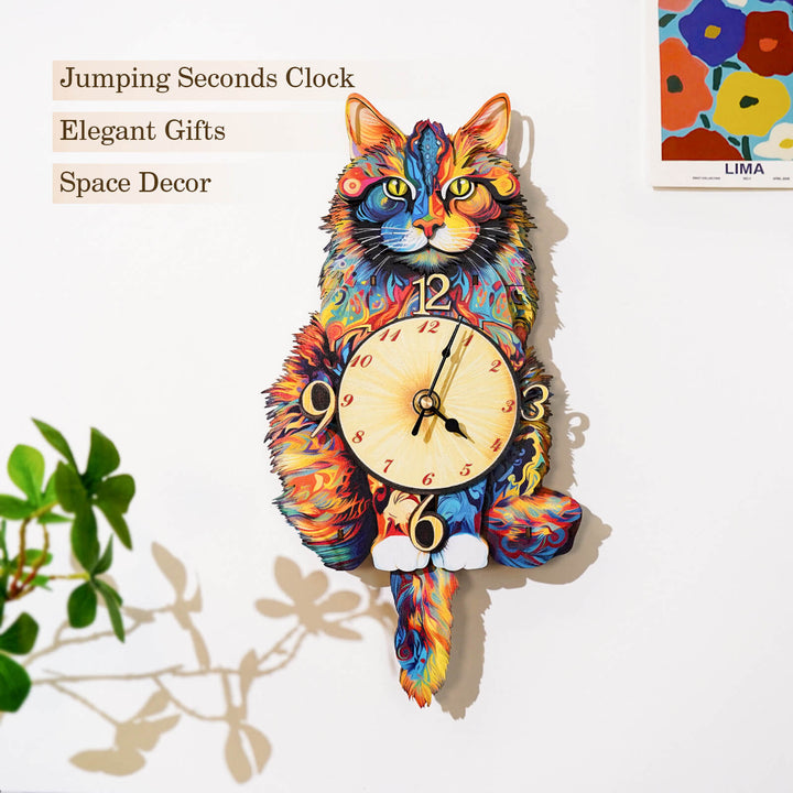 Colorful Maine Coon wooden clock, a unique DIY gift and stylish home decor piece for cat lovers.