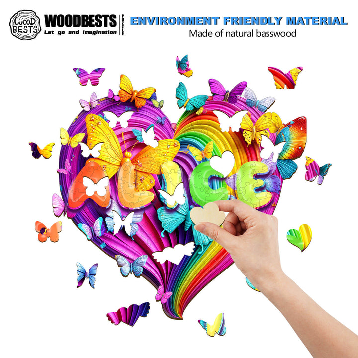 Colorful Love Rainbow puzzle with butterflies and a personalized name, making playtime magical and eco-friendly.