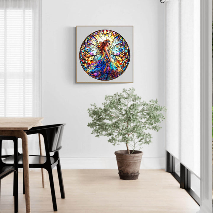 Stained Glass Fairy wooden jigsaw puzzle displayed in a bright room with plants and modern decor.