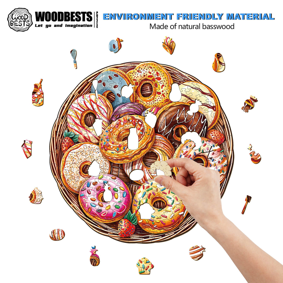 Colorful wooden jigsaw puzzle featuring assorted donuts, made from natural basswood, promoting focus and cognitive skills.